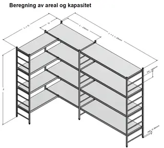 Aluminiumsreoler med 4 hyller 50 cm dybde, tette hyller