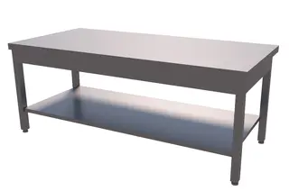 Rustfri benk med underhylle. 70 cm dybde. Lav modell